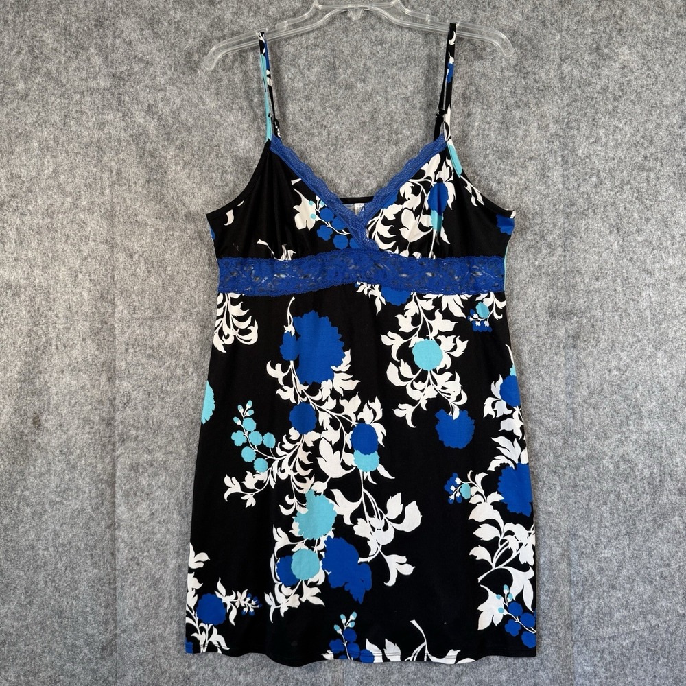 Y2K George Babydoll Slipdress Large Cami Floral Blue Lace Trim Knit Fairycore
